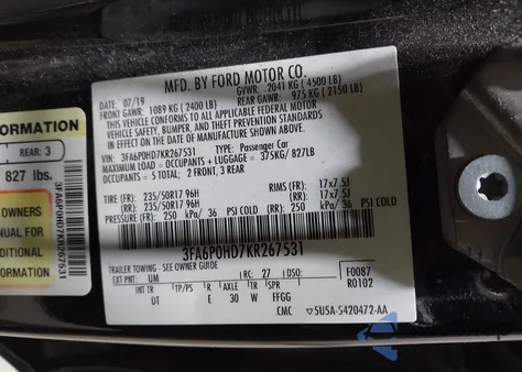 2019 Ford Fusion Se from USA, damaged, VIN 3FA6P0HD7KR267531